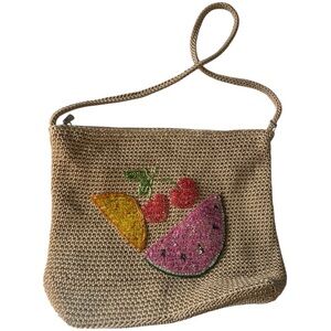 The Sak Crochet Beaded Fruit Purse Shoulder Bag Tan Summer Colorful
